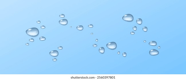 Realistic vector water drops png on a transparent light background. Water condensation on the surface with light reflection and realistic shadow. 3d vector illustration