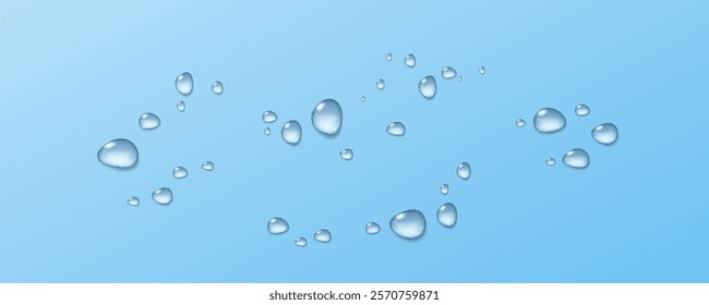 Realistic vector water drops png on a transparent light background. Water condensation on the surface with light reflection and realistic shadow. 3d vector illustration