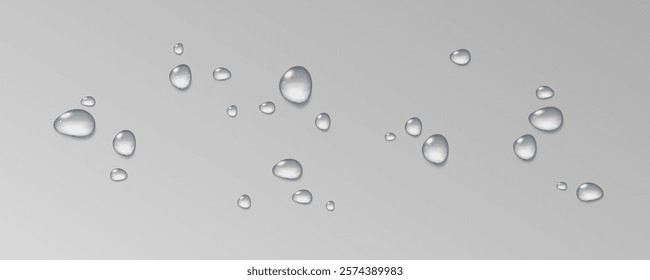 Realistic vector water drops png on a transparent light background. Water condensation on the surface with light reflection and realistic shadow. 3d vector illustration