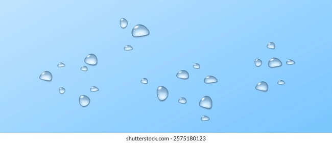 Realistic vector water drops png on a transparent light background. Water condensation on the surface with light reflection and realistic shadow. 3d vector illustration