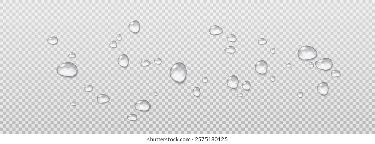 Realistic vector water drops png on a transparent light background. Water condensation on the surface with light reflection and realistic shadow. 3d vector illustration