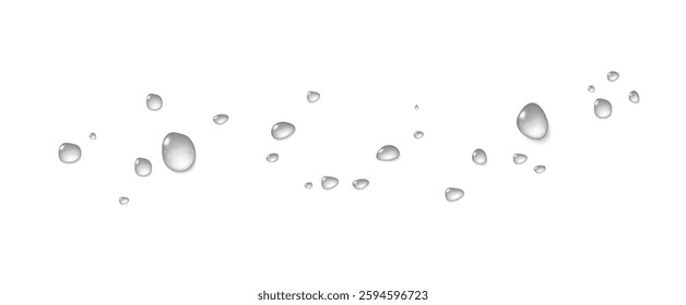 Realistic vector water drops png on a transparent light background. Water condensation on the surface with light reflection and realistic shadow. 3d vector illustration