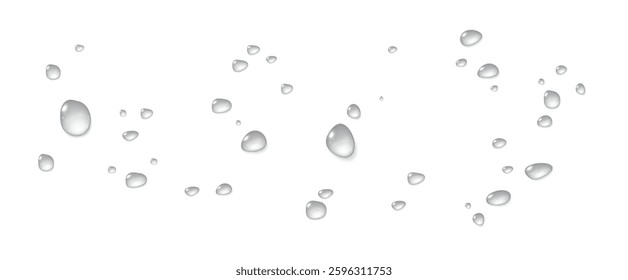 Realistic vector water drops png on a transparent light background. Water condensation on the surface with light reflection and realistic shadow. 3d vector illustration