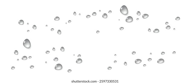 Realistic vector water drops png on a transparent light background. Water condensation on the surface with light reflection and realistic shadow. 3d vector illustration