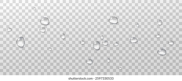 Realistic vector water drops png on a transparent light background. Water condensation on the surface with light reflection and realistic shadow. 3d vector illustration