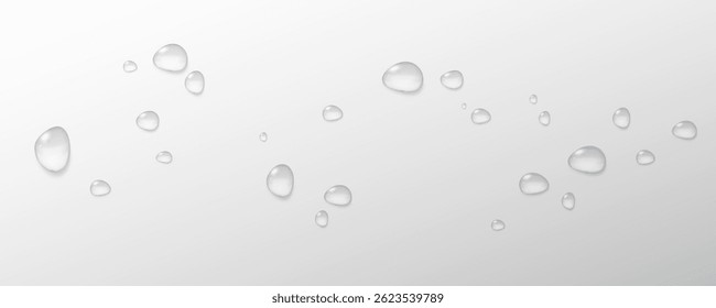 Realistic vector water drops png on a transparent light background. Water condensation on the surface with light reflection and realistic shadow. 3d vector illustration