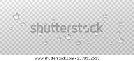 Realistic vector water drops png on a transparent light background. Water condensation on the surface with light reflection and realistic shadow. 3d vector illustration