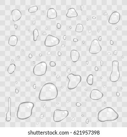 Realistic vector water drops transparent background. Transparent water drop on light gray background, vector illustration. Pure clear water drops realistic set isolated vector illustration.