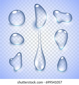 Realistic vector water drops transparent background.