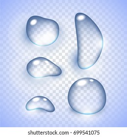 Realistic vector water drops transparent background.