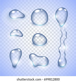 Realistic vector water drops transparent background.