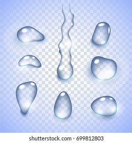 Realistic vector water drops transparent background.