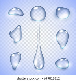 Realistic vector water drops transparent background.