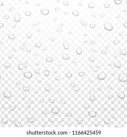 Realistic vector water rain drops on alpha transparent background. Condensed pure droplets. Vector clear water bubbles on window glass.