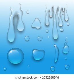 Realistic vector water splash drops liquid transparent raindrop 3d realistic wave blue illustration