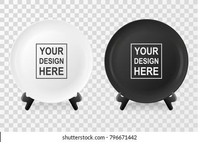 Realistic vector white and black food dish plate icon set on a stand closeup isolated on transparency grid background. Design template, mock up for graphics, printing etc