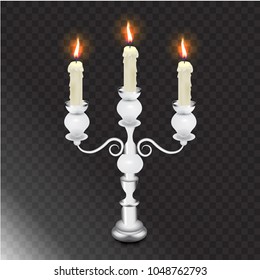 Realistic vector white candle with fire on candlestick on transparent background.Vector illustration.