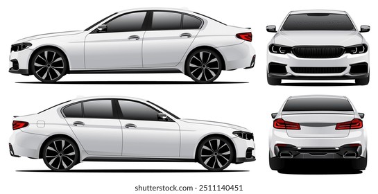 Ilustração de carro branco vetor realista isolado em fundo transparente, na frente de trás e vista lateral