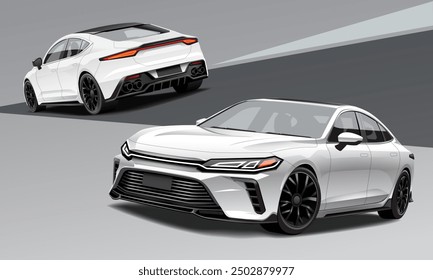 Realistic vector white city car sport front and black view transportation on isolated background illustration.