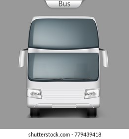 Realistic vector white coach bus mockup front view. High-detailed passenger transport, travel vehicle. Blank city bus template for branding, advertising design. Illustration, easy to edit.