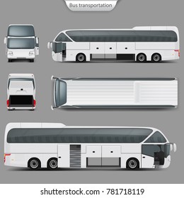 Parodia de bus vectorial blanco realista, retrospectiva, frontal, superior, lateral. Transporte de pasajeros, vehículo de viaje, puertas abiertas, maletero. Plantilla de bus de ciudad en blanco para identidad corporativa, diseño de marca.