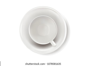 Realistic vector of white coffee cup isolated on white background, for Mock Up. 3D Vector illustration. View from top.