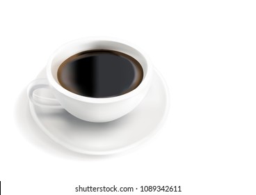 Realistic vector of white coffee cup isolated on white background, for Mock Up. 3D Vector illustration. View from top.