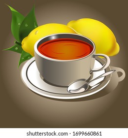   vector realista.  taza blanca con té con limones.  dorado, marrón.  formato cuadrado.  fondo aislado.   