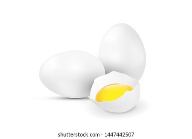 Realistic vector white eggs and broken eggs with yolk on white background