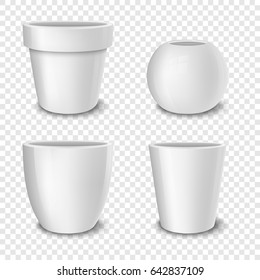 Realistic vector white empty flower pot set. Closeup isolated on transparent background. Design template for branding, mockup. EPS10.