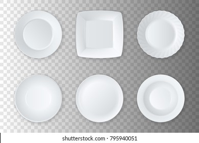 Realistic vector white empty food plate, dish and bowl icon set closeup isolated on transparency grid. Kitchen appliances utensils. Design template, mock up for graphics, printing etc. Top view