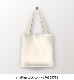 Realistic vector white empty textile tote bag. Closeup isolated on white background. Design template for branding, mockup. EPS10.