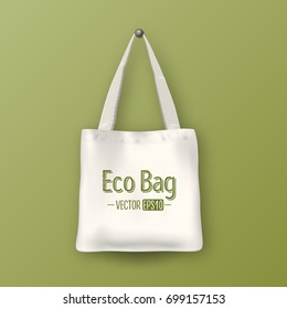 Realistic vector white empty textile tote bag. Closeup on green background. Design template for branding, mockup. EPS10.