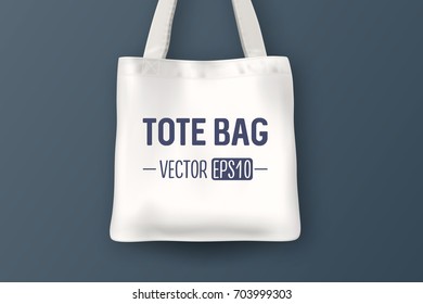 Realistic vector white empty textile tote bag. Closeup on blue background. Design template for branding, mockup. EPS10.