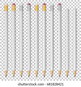 Realistic vector white empty wood sharp pencil icon set. Closeup isolated on transparent background. Design template for branding, mockup. EPS10.