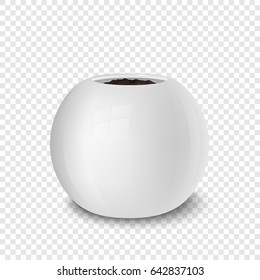 Realistic vector white flower pot with soil closeup isolated on transparent background. Design template for branding, mockup. EPS10.