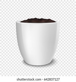 Realistic vector white flower pot with soil closeup isolated on transparent background. Design template for branding, mockup. EPS10.