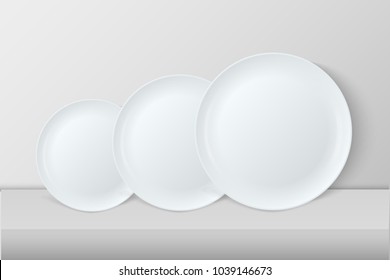 Realistic vector white food dish plate icon set front view closeup - small, medium and big. Design template, mock up for graphics, printing etc