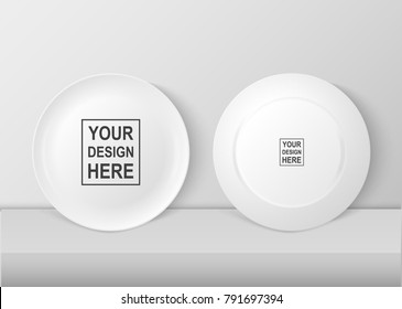 Realistic vector white food dish plate icon set front and back view closeup. Design template, mock up for graphics, printing etc