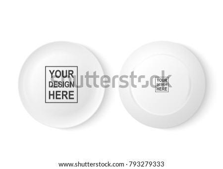Realistic vector white food dish plate icon set front and back view closeup. Design template, mock up for graphics, printing etc. Top view