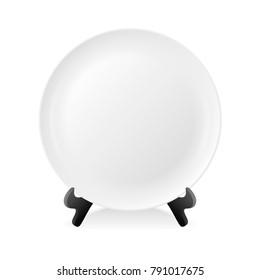 Realistic vector white food empty plate icon on a stand closeup isolated. Design template, mock up for graphics, printing etc