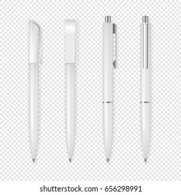 Realistic vector white pen icon set. Corporate identity and branding stationery. Closeup isolated on transparent background. Design template, mockup in EPS10.