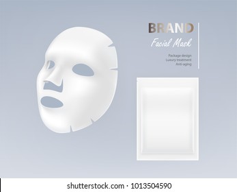 Realistic vector white sheet facial cosmetic mask isolated on background. Skincare, cosmetic beauty product for face treatment, anti-aging, cleansing, moisturising complex. Mockup for package design
