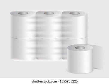 Realistic vector white textured 3d isolated toilet paper and kitchen paper towel roll transparent package mock up vector illustration on grey background texture