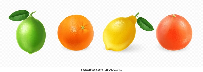 Vector realista de cítricos enteros. Colección de lima, naranja, limón, pomelo o mandarina aislada sobre fondo transparente.