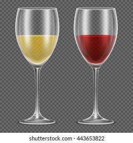 Realistic vector wineglasses with red and white wine on checkered background. Wine in glass vector illustration