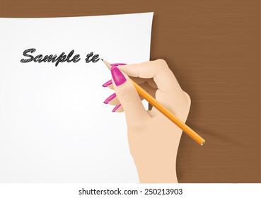 Realistic vector woman writing hand. Business woman in office.