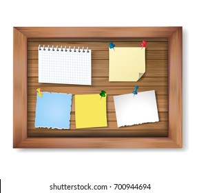 Realistic vector wooden frame with pinned pieces of paper. Notes and message papers on wooden bulletin board.