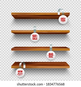 Realistic Vector Wooden Store Shelves, Supermarket Promotional Wobblers. Product Shelf With Advertising Wobbler. Grocery Wall Rack. Sale Or Discount Price Tag.