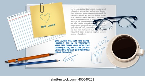Realistic vector  workplace .Top view 